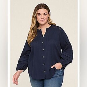 Lane Bryant Clip Dot Detail Rib Button Down Blouse Dark Blue Sz 28 NWT